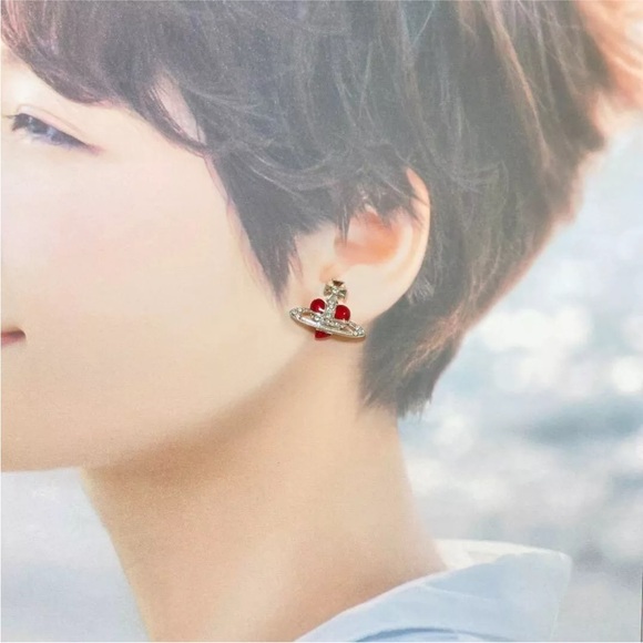 NWT! Vivienne Westwood Diamante Red Heart Orb Earrings Silver Outlet authentic - Picture 6 of 6